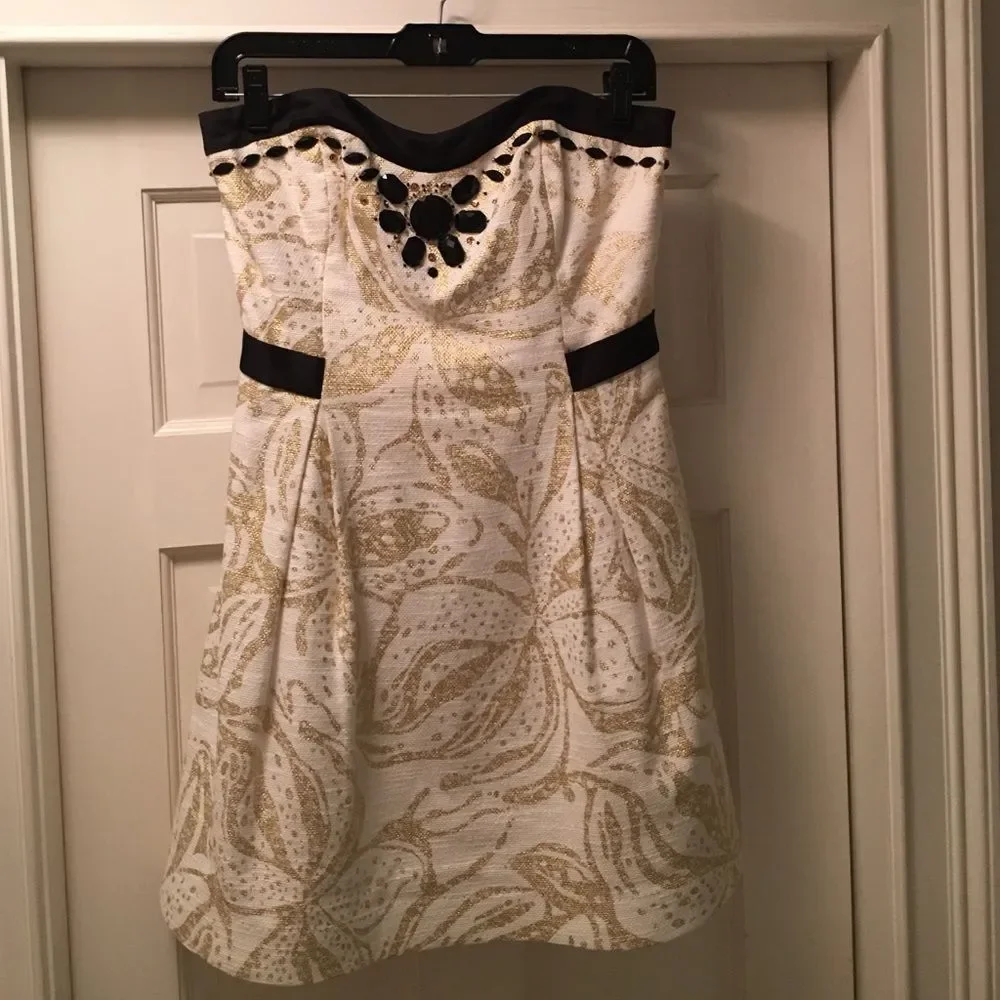 Lilly Pulitzer Cream & Gold Metallic Floral Strapless Fit & Flare Dress — Size 6 - Picture 3 of 4